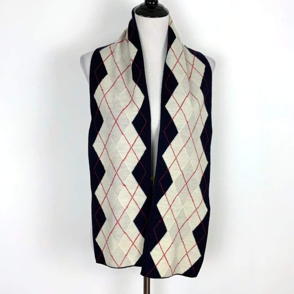 J.CREW 100% Wool Knit Argyle Blue White Gray Preppy Classic Scarf